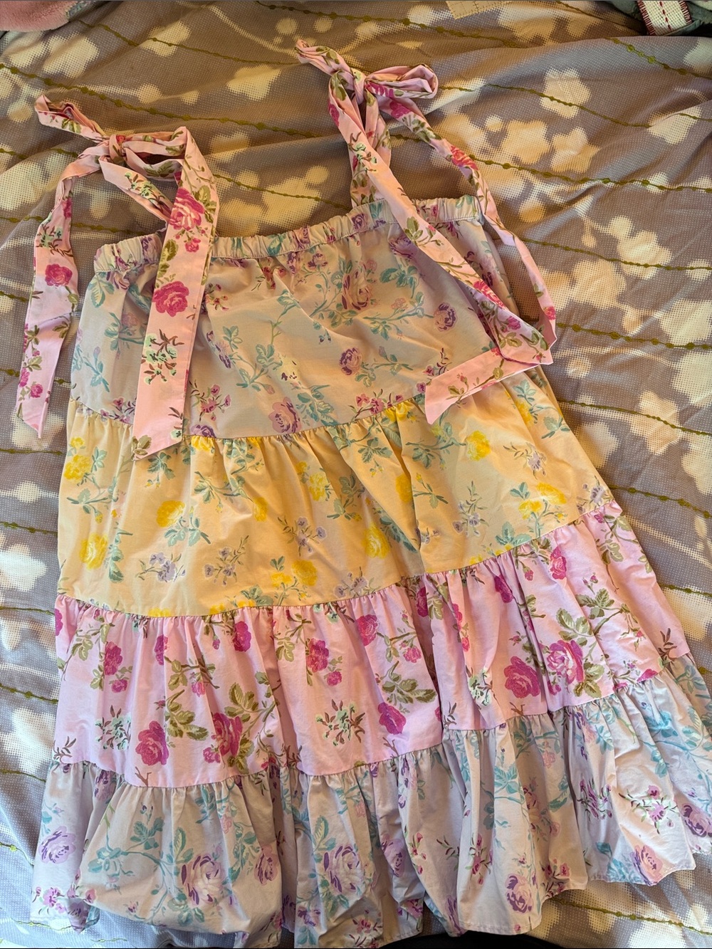 LoveShackFancy Pastel Floral Ruffle Dress - Lavender Pink Blue
